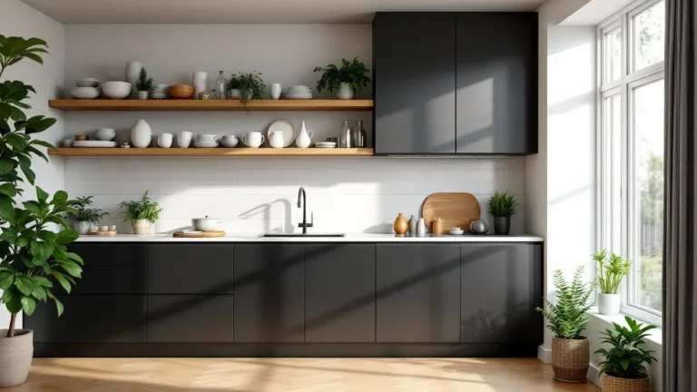 Not open shelving nor closed cabinets, this hybrid storage solution works better